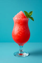 Refreshing frozen drink served in a tall glass with mint garnish against a blue background Generative AI