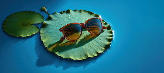 A pair of sunglasses placed on a lotus leaf