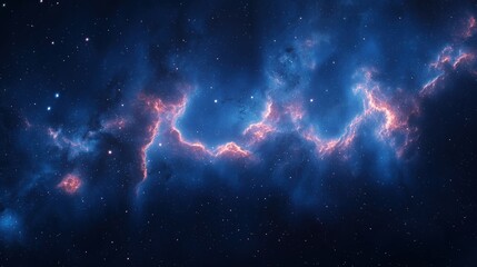 Dramatic deep space view featuring glowing blue and pink nebula against a starry sky