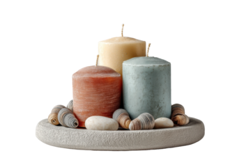 PNG Trio of scented candles with shells on a stone plate