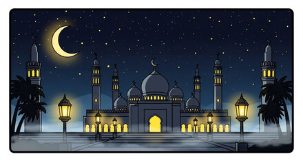 Eid Mubarak greeting card with a night view of mosque and moon in the sky