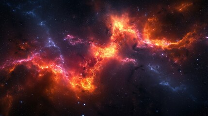 Vibrant red orange blue cosmic nebula with shining stars across deep dark space