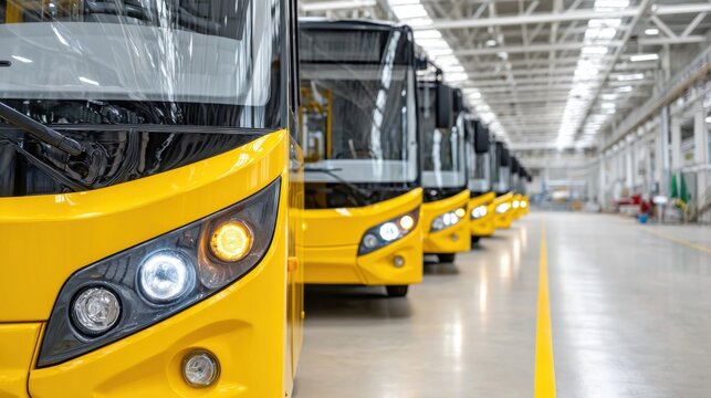 New yellow buses parked in a row inside a spacious factory, bright headlights of the first bus are prominent.