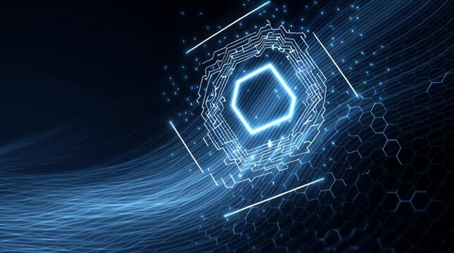 Digital light lines illuminate an abstract blue background, depicting a futuristic binary code network with an energetic glow
