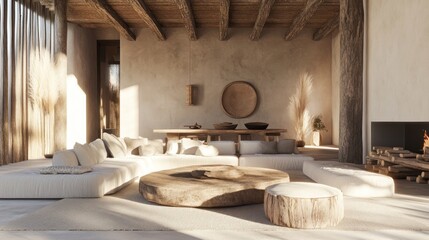 Beige living room with wooden accents