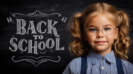 Cute elementary school girl with glasses next to decorative back to school chalk lettering on blackboard