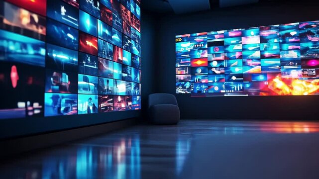 Modern, dimly lit room with large video walls displaying vibrant digital content in neon hues.