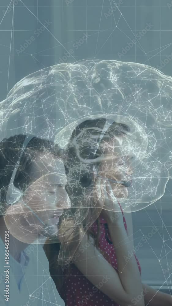 Poster diverse team working at computers with brain and network animation overlay
