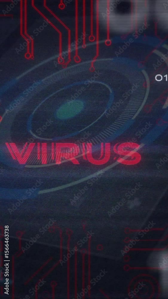 Poster Animation of digital virus warning with red circuitry and binary code background