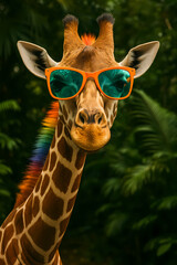 Giraffe with vibrant sunglasses enjoying a sunny day in a lush green environment Generative AI
