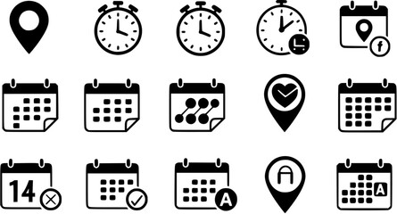 date, time, address location icon set. calendar, clock and map symbol for event, meeting, wedding, schedule, invitation card design element. transparent vector illustration.