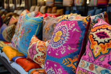Bright handmade cushions with traditional patterns are displayed on a shelf in a store, representing cultural heritage and interior design