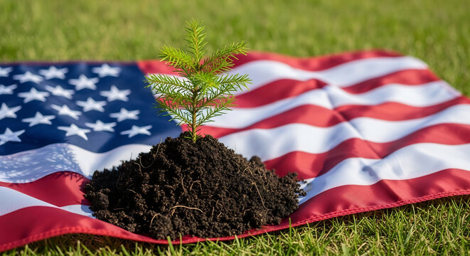 Patriotic Symbol of Growth: Sapling on American Flag for Keep America Beautiful Week