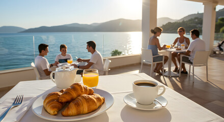 group of people having breakfast in cafe beach