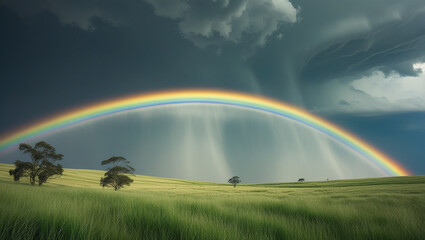 Naklejka premium Thunderstorm Rolling Over Grassy Plains with Double Rainbows Breaking Through