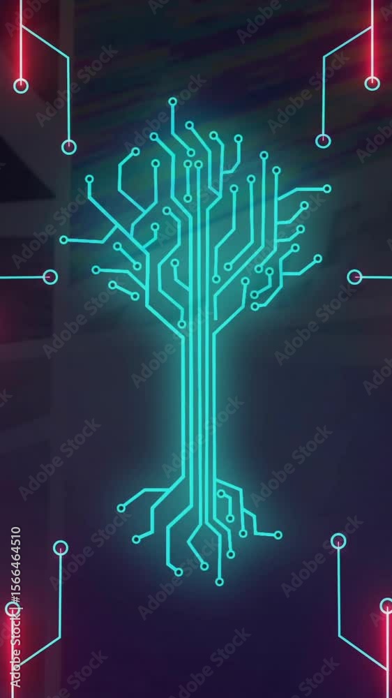 Poster Animation of colorful circuit tree glowing with lines and nodes on dark background