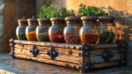 Vintage Spice Rack with Colorful Herbs in Glass Jars in Rustic Kitchen