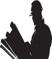 Silhouette of a construction worker in a hard hat examining blueprints against a white background