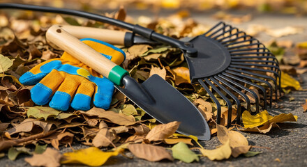 Autumn Yard Cleanup with Rake, Shovel, and Gloves for Keep America Beautiful Week