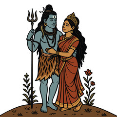 Obraz premium Lord Shiva and Parvati Illustration Hindu Divine Couple in Traditional Indian Art Style