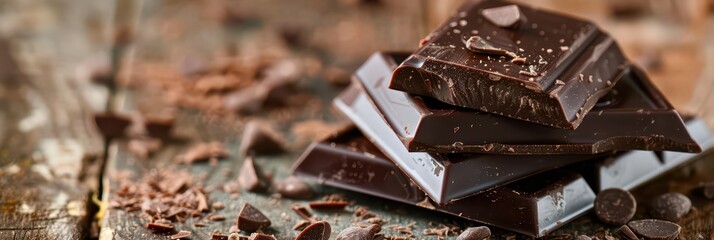 Delicious celebration of world chocolate day with assorted gourmet dark chocolates. Horizontal banner. Copy space. Free space for text. Bar of chocolate on a wooden background