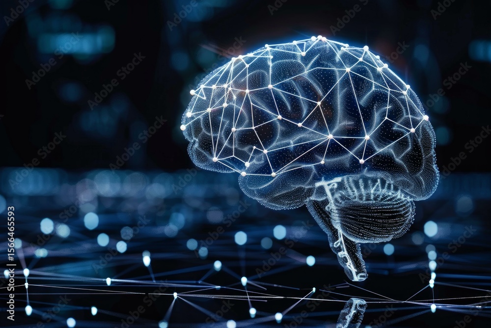Poster glowing digital brain with neural connections on dark background represents machine learning, artifi