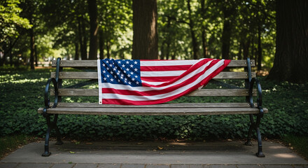 American Flag on Park Bench for Keep America Beautiful Week