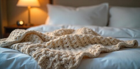 Cozy Knitted Blanket Draped on Bed, Soft Lighting Creates Peaceful Sleep Atmosphere; Ideal for Relaxation and Comfort, Perfect for Promoting Sleep Products or Winter Home Decor.