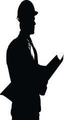 Silhouette of a man in a hard hat and suit holding plans against a white background in studio shot