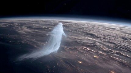 A time-lapse of Earth from space with a fading human silhouette, symbolizing a historic cosmic moment.