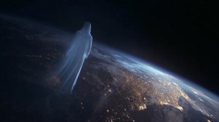 A time-lapse of Earth from space with a fading human silhouette, symbolizing a historic cosmic moment.