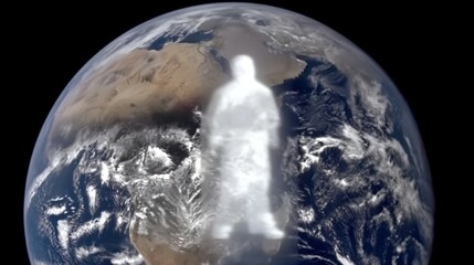 A time-lapse of Earth from space with a fading human silhouette, symbolizing a historic cosmic moment.