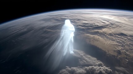 A time-lapse of Earth from space with a fading human silhouette, symbolizing a historic cosmic moment.