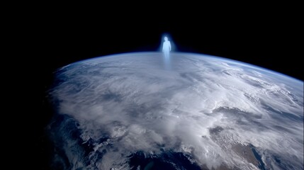 A time-lapse of Earth from space with a fading human silhouette, symbolizing a historic cosmic moment.
