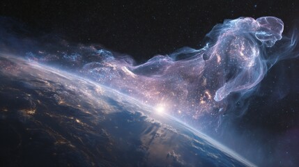A time-lapse of Earth from space with a fading human silhouette, symbolizing a historic cosmic moment.