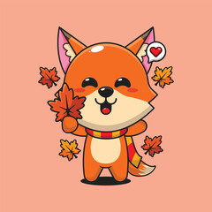 Cute fox holding maple leaf in autumn cartoon vector illustration