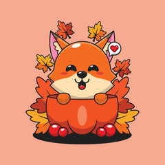 Cute fox in a pumpkin in autumn cartoon vector illustration
