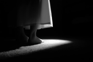 A black and white photo of a person standing in the dark