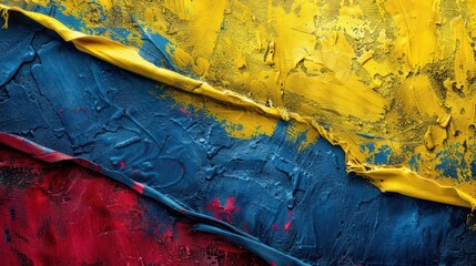Ecuador independence day celebration with vibrant flag colors in textured paint. Abstract background in colors of flag of Ecuador. Horizontal banner. Copy space. Free space for text
