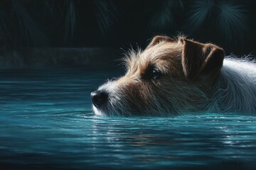 A painting of a dog swimming in the water