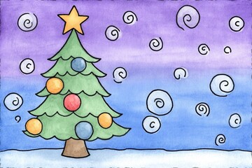 A drawing of a christmas tree in the snow