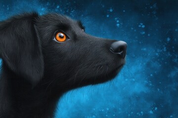 A black dog with orange eyes looking up at the sky
