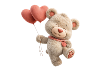 PNG Cute teddy bear holding heart balloons with joyful expression