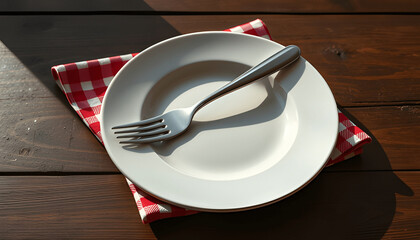 Empty Plate With Fork And Knife On Checkered Cloth Napkin