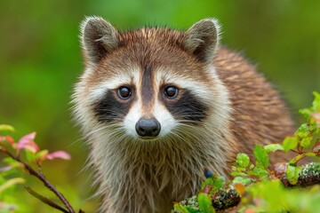 Fototapeta premium A raccoon is sitting in a tree looking at the camera