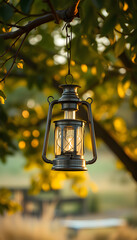 Lantern Lamp Hanging From Tree Branch During Golden Sunset
