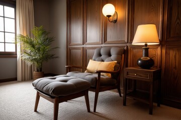 A chair and ottoman in a room with wood paneled walls