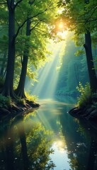 Sunlit Forest Lake A Serene Nature Scene Perfect for Meditation and Relaxation