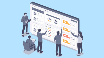 Fototapeta premium hr team managing candidate profiles on a large crm screen, isometric vector illustration for customer relationship management system, project collaboration and recruitment process