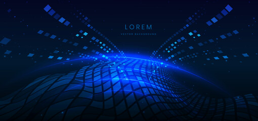 Technology futuristic glowing lines neon blue light ray on dark blue background with square pattern digital element.